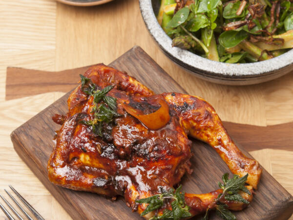 Spatchcock Spring Chicken with Asparagus, Watercress & Moutabal