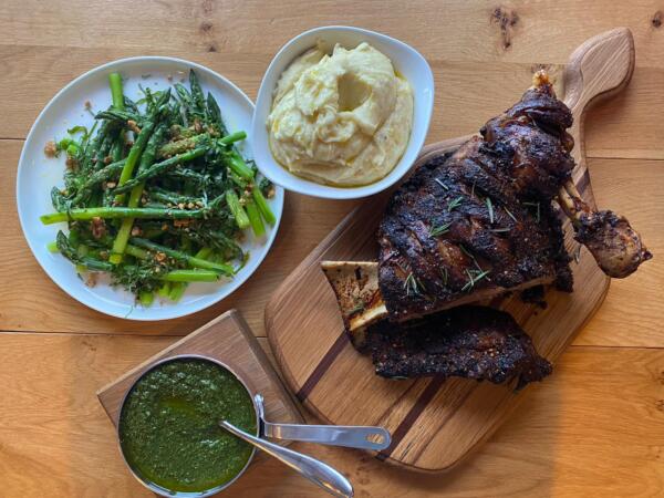Easter Roasted Shoulder of Lamb with asparagus, walnut and basil